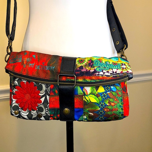 DESIGUAL Colorful Patchwork Crossbody Shoulderbag w Flower Applique DSG Pull Tab - Picture 8 of 16